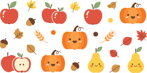 Autumn harvest fruits vector set with apples, pumpkins, pears, leaves and acorns in cute flat cartoon style for seasonal design and fall decoration © Aminul