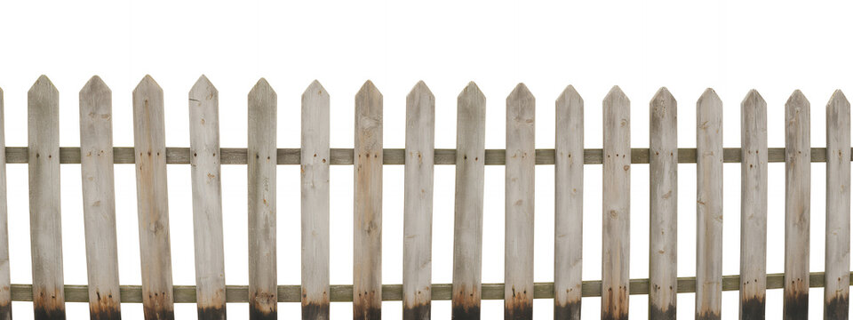 Weathered wooden picket fence on white background rustic