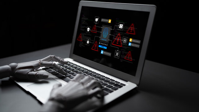 A robot hand interacts with a laptop displaying digital interfaces related to cybersecurity, showcasing technology and innovation in a modern workspace setting. Ledger