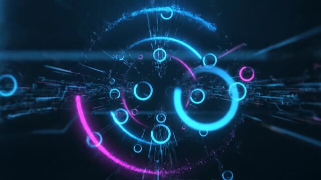 Abstract glowing blue and pink circles and lines connect in a futuristic