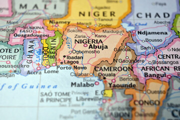 Obraz premium Ogbomosho Nigeria Macro World Map Defocused Bokeh Background Close Up Image