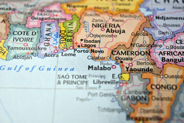 Naklejka premium Calabar Nigeria Macro World Map Defocused Bokeh Background Close Up Image