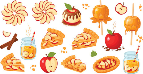 Apple dessert vector set with pies, caramel apples, sliced fruits, cinnamon, juice jars and sweet bakery elements in colorful cartoon illustration style