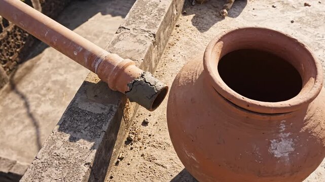 Clay Water Pot and Drainage Pipe on a Sunny Rooftop in a Rustic Setting