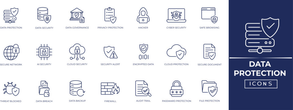 Data protection line icon set. Featuring cybersecurity, firewall, AI security, data security, privacy protection, encryption, and more icons. Editable outline icon collection.