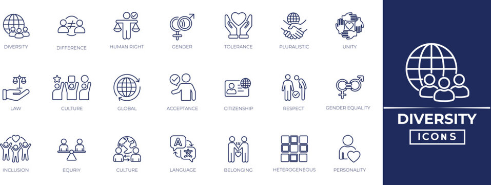 Diversity line icon set for inclusion, equality, support, consulting, friendship, society, interaction, and nclusion, affection, personality and best outline icon collection.