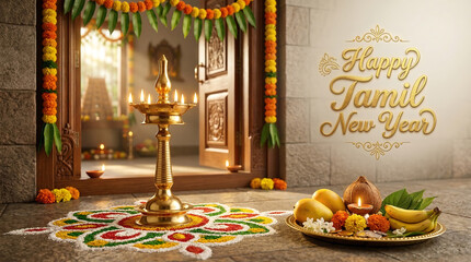 Traditional indian diwali festival decoration with candles fruits and floral patterns celebrating tamil new year