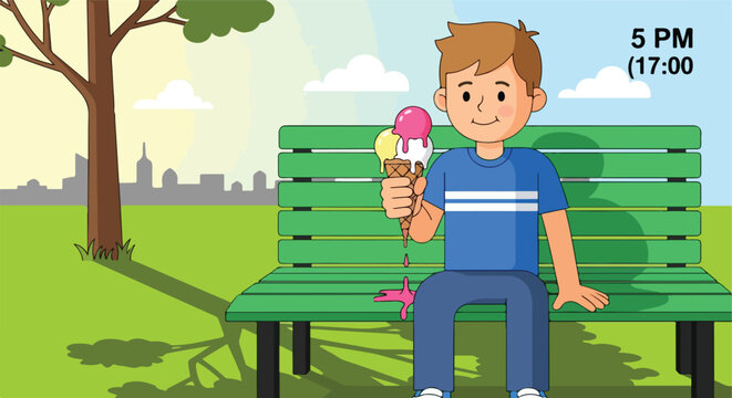 A young boy enjoys melting ice cream on a park bench
