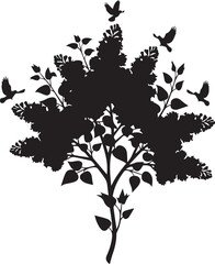 Fototapeta premium Lilac tree silhouette with flying birds, vector illustration in expressive line art style