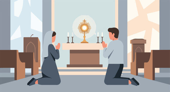 Two people in prayer in a church before a monstrance on an altar