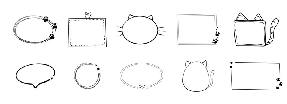 Empty cute cat or dog, pet frame set, speech bubble with ears and tail, border with paw print. Doodle sketch hand drawn elements. Footprint badge, border divider. 
