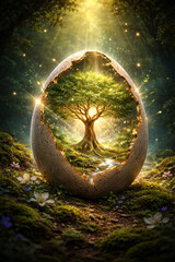 Naklejka premium Magic tree inside a broken egg in a forest with sunlight shining through leaves