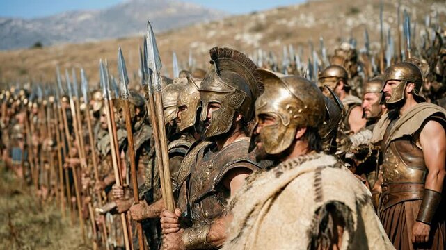Group of armored warriors standing together with shields and spears under bright daylight highlighting unity strength and collective power of ancient military formation