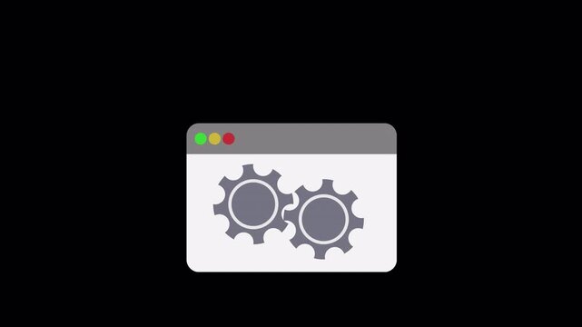 Animated vector illustration of a web browser window with two grey spinning gears, symbolizing settings, development, or optimization process. isolated on Transparent Background