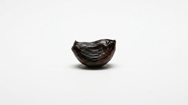 Single Fermented Black Garlic Clove Macro Portrait Caramel Surface White Background Studio Minimal Photography
