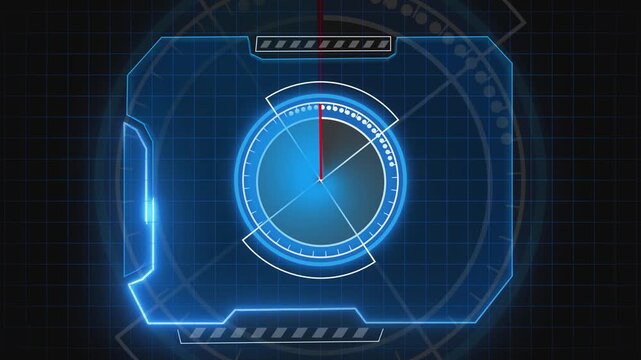 Digital interface animation with gauge display and targeting grid. Digital interface analytics concept for futuristic dashboards. Digital interface motion background loop.