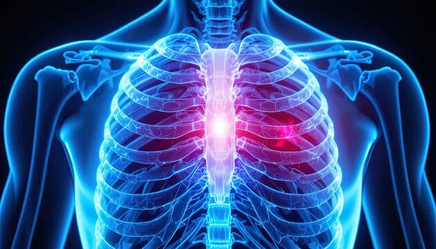 3d medical illustration of glowing human ribcage and lungs with blue neon lighting