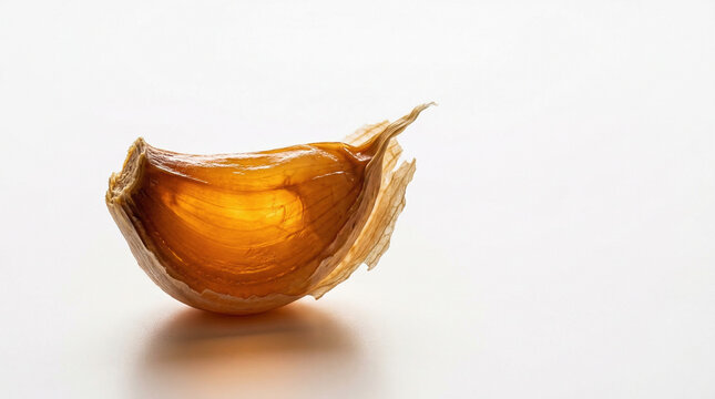 Single Lacto Fermented Honey Garlic Clove Amber Glow Translucent White Background Studio Macro Photography