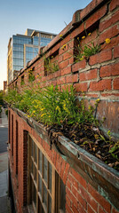 Yellow flowers growing in metal gutter of old brick building wall. Urban gardening and nature in city concept. Green architecture integrate plant life into modern cityscape environment.