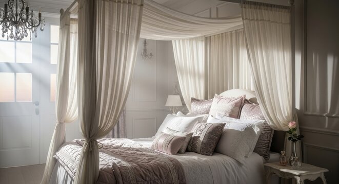 Elegant four poster bed with flowing sheer canopy and plush bedding in a softly lit bedroom