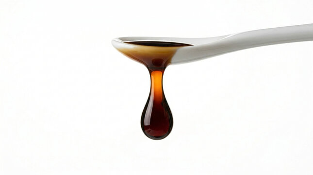 Single Soy Sauce Drop Pendant Ceramic Spoon Macro Close Up White Background Studio Fermentation Photography