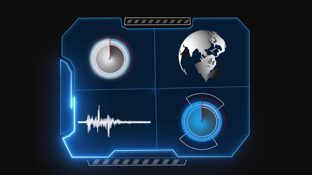 Seismic dashboard animation with global monitoring data interface. Seismic dashboard earthquake tracking concept for analytics visuals. Seismic dashboard motion background.