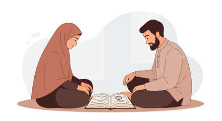 Fototapeta premium Couple sitting cross-legged, reading a book together, a serene scene