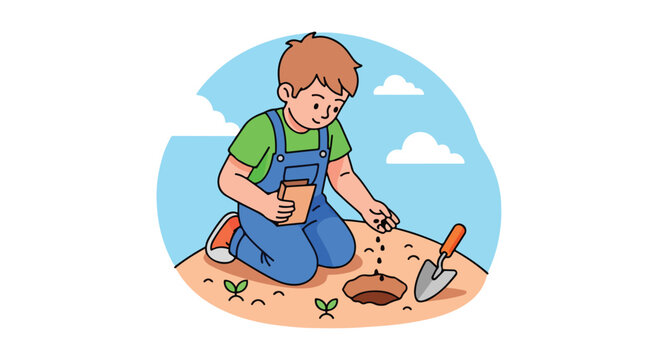 A young boy plants seeds in the ground with a shovel nearby