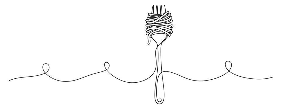 Fork wrapped with spaghetti on continuous line background. no editable strokes