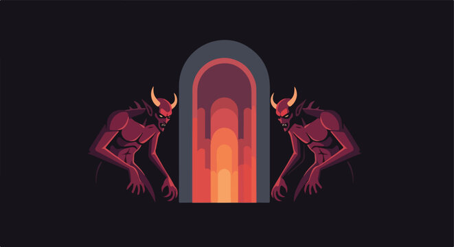 Two demonic figures stand guard at a glowing portal