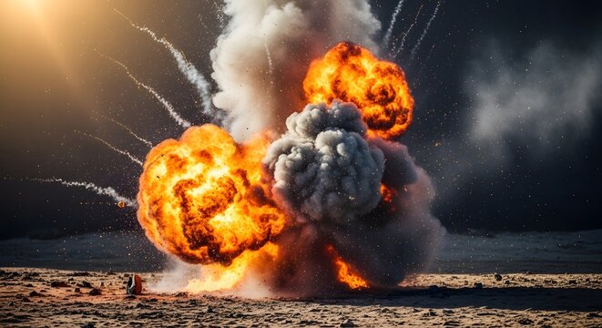 Intense explosion with multiple fireballs and smoke against a dark sky with the sun peeking from the side