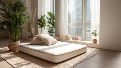 Fototapeta premium Minimalist Bedroom Oasis - Platform Bed, Natural Light, Serene Interior.