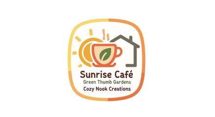 Fototapeta premium Sunrise Café logo features a vibrant orange cup with a leaf, surrounded by a sunburst and a house icon on a warm gradient background