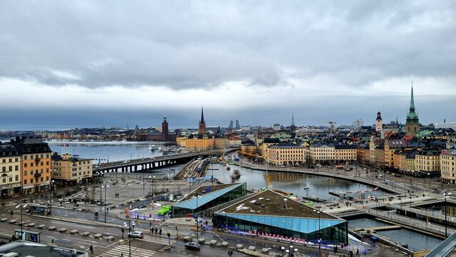 Stockholm,Sweden, 02.27.2026, Slussen station, harbor view, old town Slussen.
Wide view of harbor with water and city coastline.