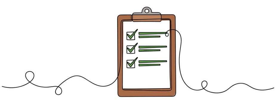 Clipboard with checklist showing checked items on white background. no editable strokes