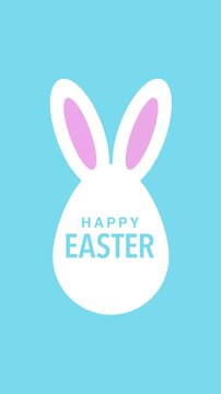 Happy Easter greeting animation with white bunny ear egg silhouette on blue background
