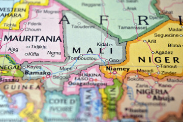 Naklejka premium Mali Close Up Macro World Map Bokeh Background Geographic Image