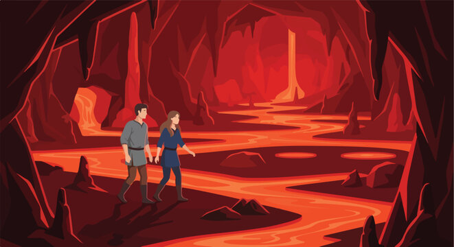 Two people walk through a fiery cave with molten lava rivers