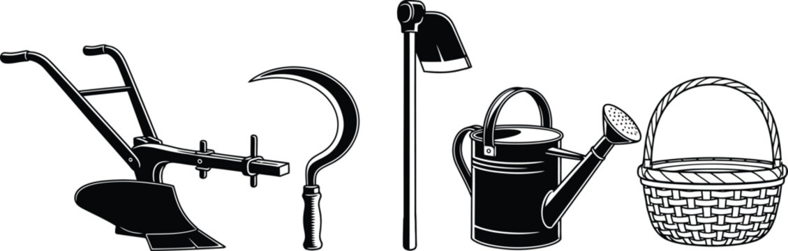 A collection of vintage farming implements including a plow, sickle, hoe, watering can, and basket are displayed.