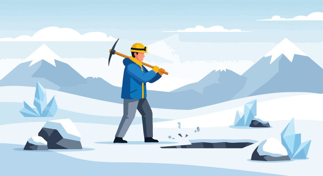 Miner with pickaxe in icy, mountainous terrain, breaking ice
