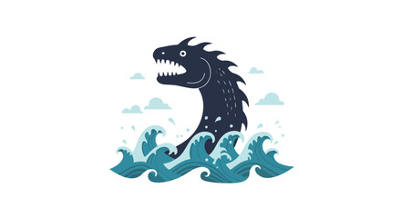 Naklejka premium A stylized dark creature with sharp teeth emerges from choppy blue waves