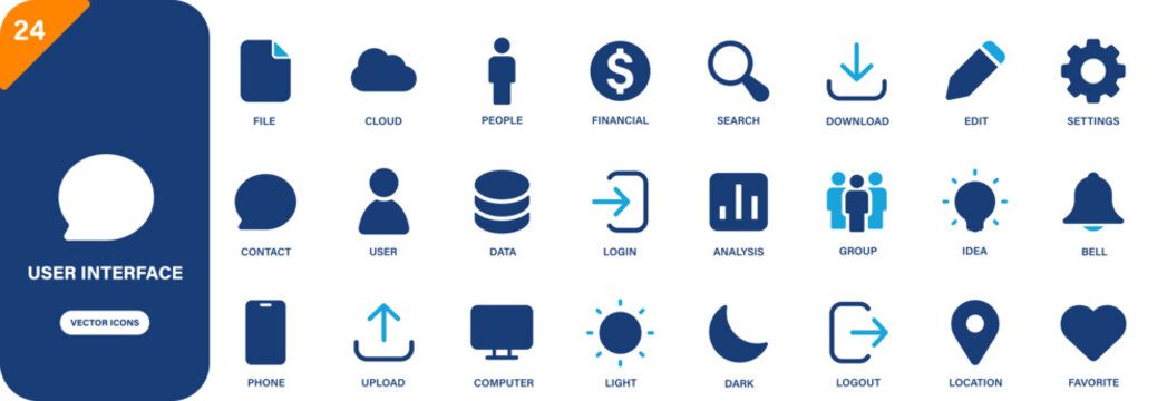 User interface icon collection featuring  cloud, data, contact, login and idea symbols. Solid vector icons.