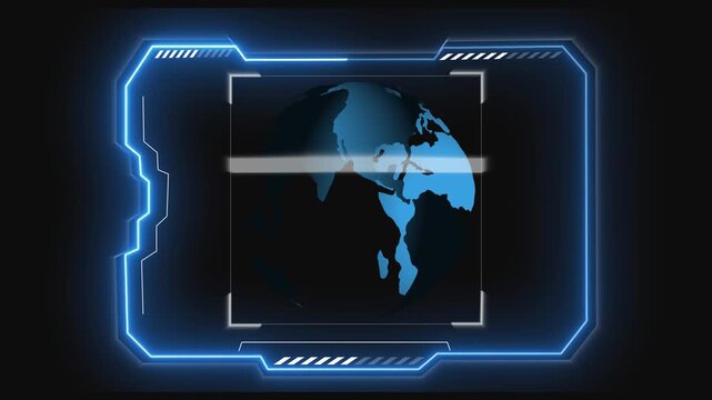 Digital globe animation inside futuristic interface frame design. Digital globe global network concept for data visuals. Digital globe motion background loop.