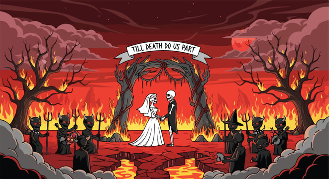 A skeletal bride and groom are married in a fiery hellscape with demons as guests