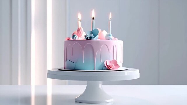 A pastel-colored cake with dripping frosting, lit candles, and floral decorations on a white pedestal