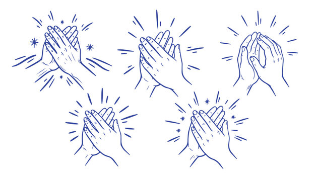 A collection of five blue line art illustrations showing human hands clapping in different angles
