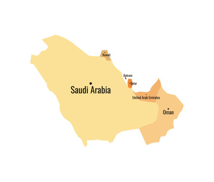 Gulf Cooperation Council map. GCC yellow countries with labels. Bahrain Kuwait Oman Qatar Saudi Arabia United Arab Emirates borders isolated on white background. Vector.