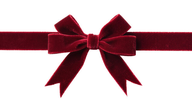 Elegant red velvet gift bow, horizontally placed and isolated, perfect for festive holiday packaging and luxurious present decoration PNG