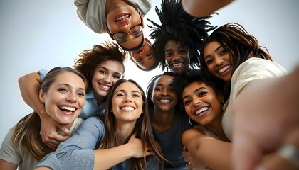 Obraz premium Group of people standing in circle, professional business team collaborating in modern workspace for corporate unity and leadership concept
