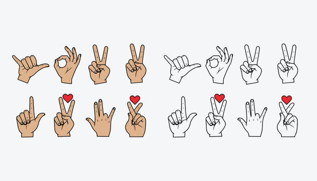 A collection of hand gesture illustrations featuring diverse skin tones and iconic heart symbols